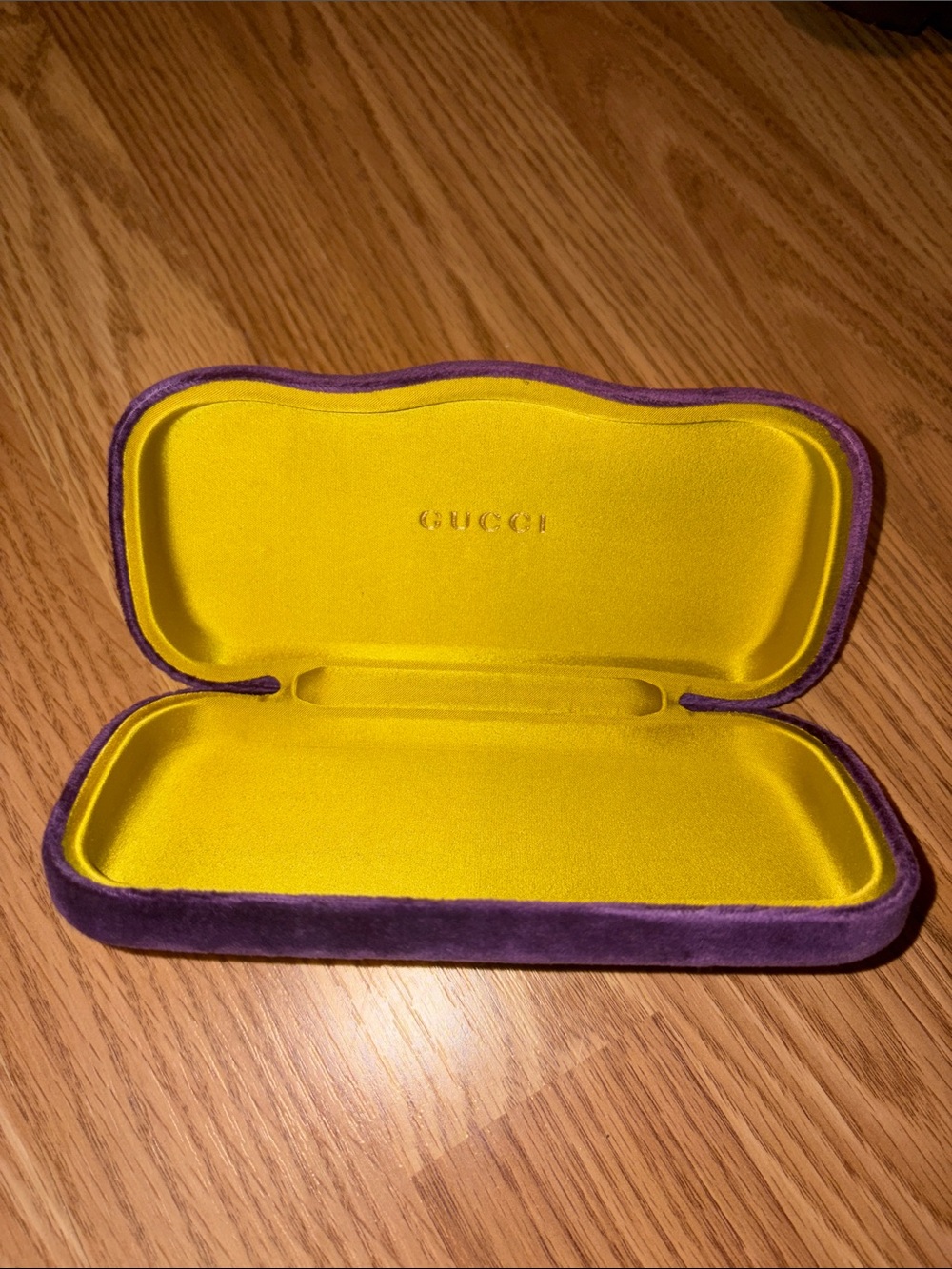 Purple Velvet Eyewear Case with Bright Yellow Interior Lining
